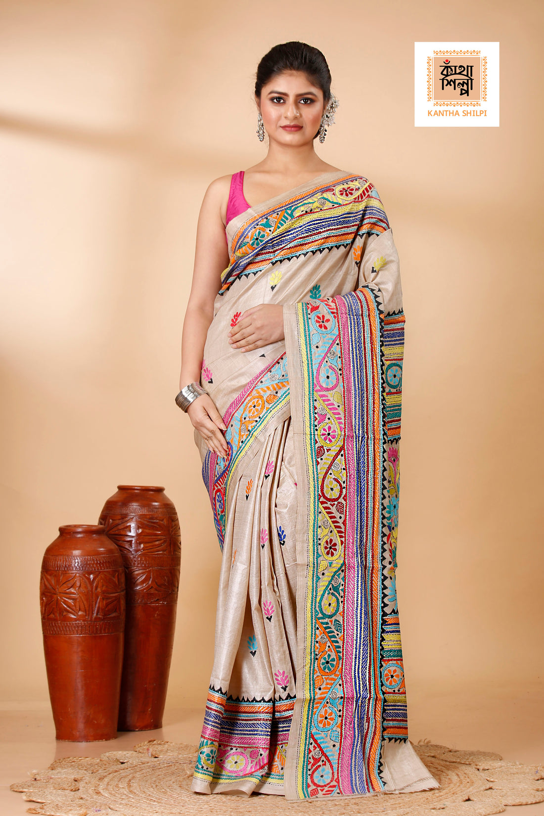 Gachi Tussar Multicolor Thread Work Floral Design Kantha Stitch Saree