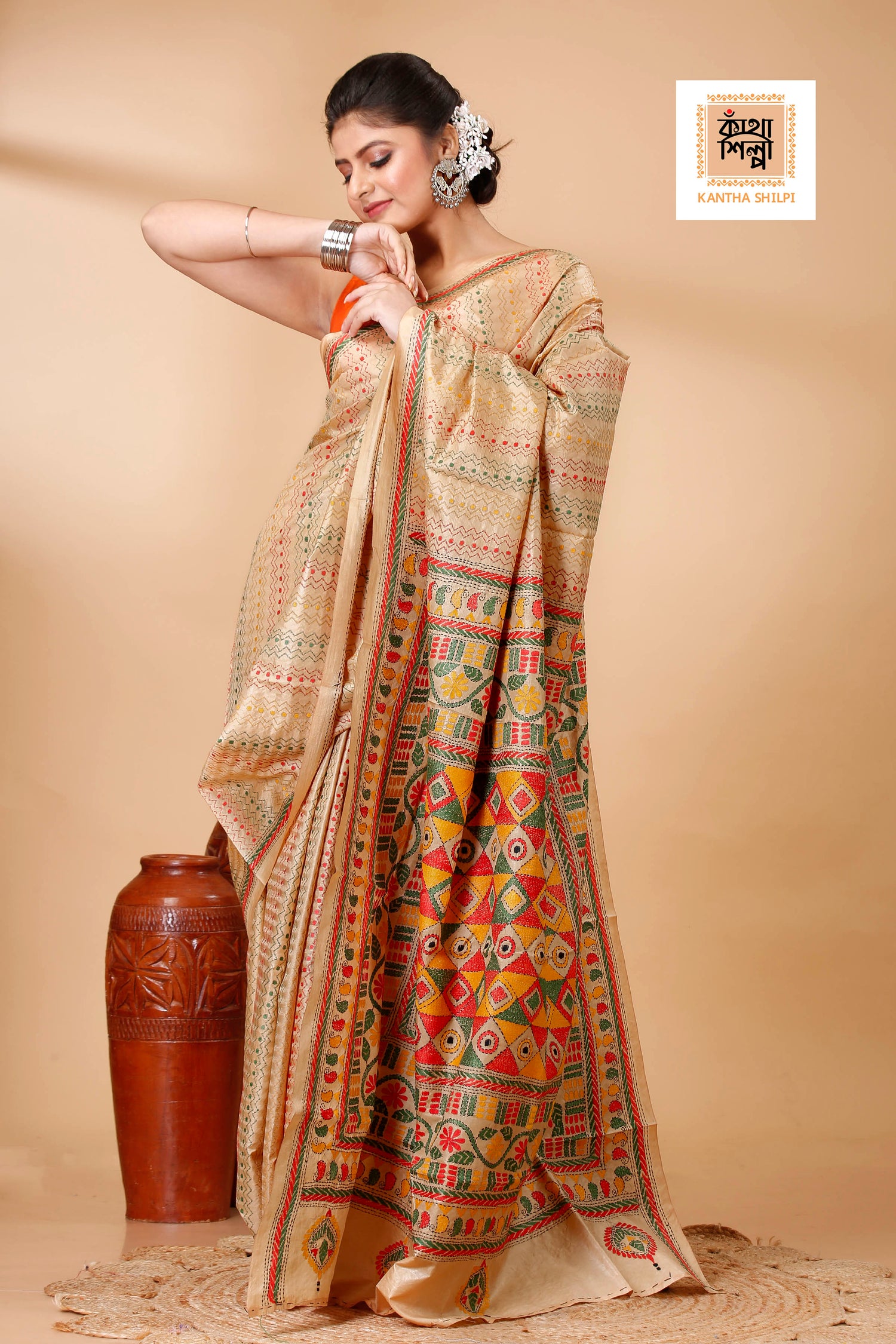 Pure Bangalore Silk Kantha Stitch Saree SN202521976
