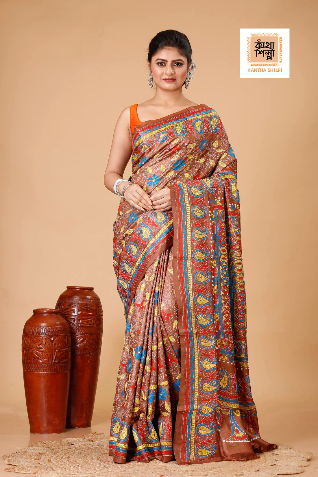Cinnamon Dye Tussar Multicolor Thread Work Floral Kalka Design Kantha Stitch Saree
