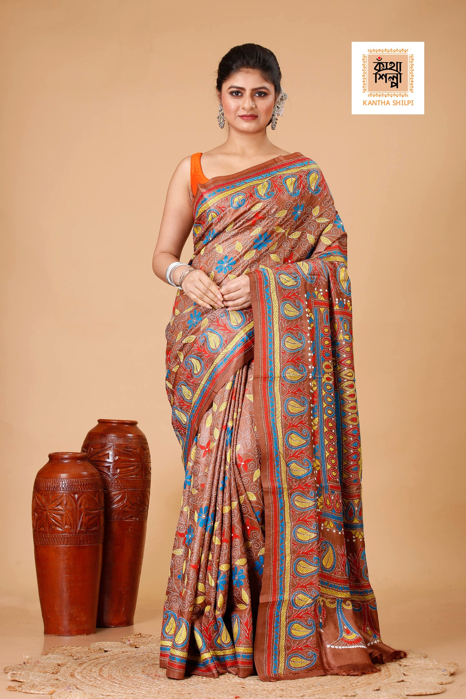 Cinnamon Dye Tussar Multicolor Thread Work Floral Kalka Design Kantha Stitch Saree