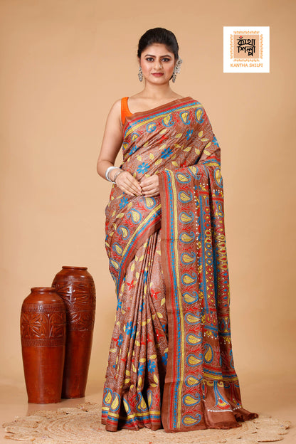 Cinnamon Dye Tussar Multicolor Thread Work Floral Kalka Design Kantha Stitch Saree