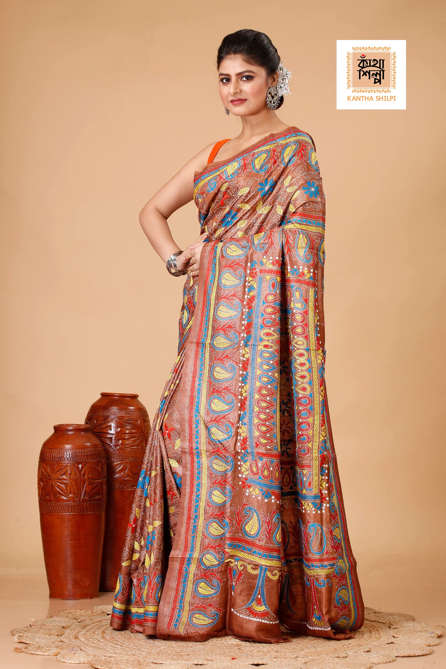 Cinnamon Dye Tussar Multicolor Thread Work Floral Kalka Design Kantha Stitch Saree