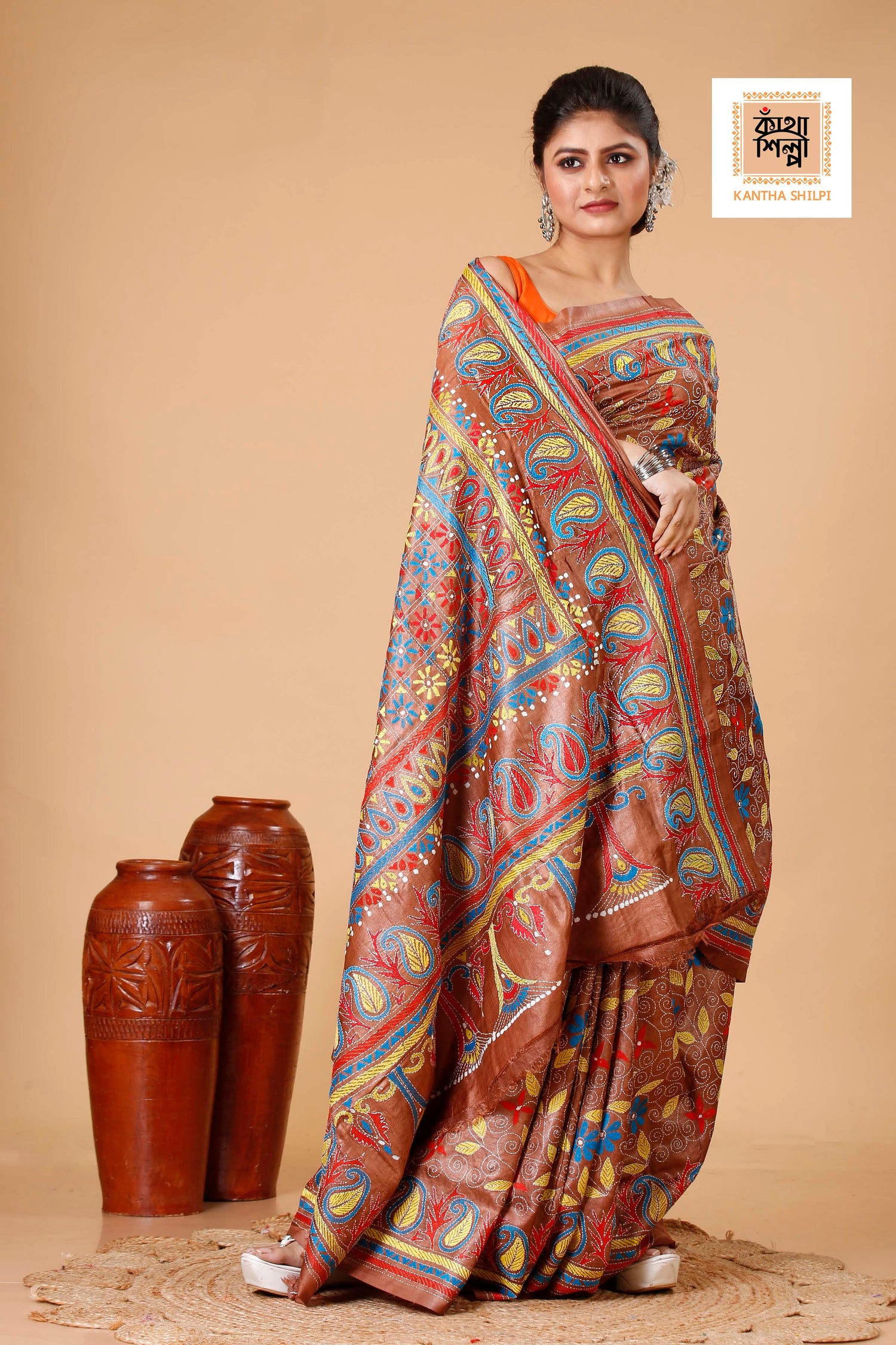 Cinnamon Dye Tussar Multicolor Thread Work Floral Kalka Design Kantha Stitch Saree