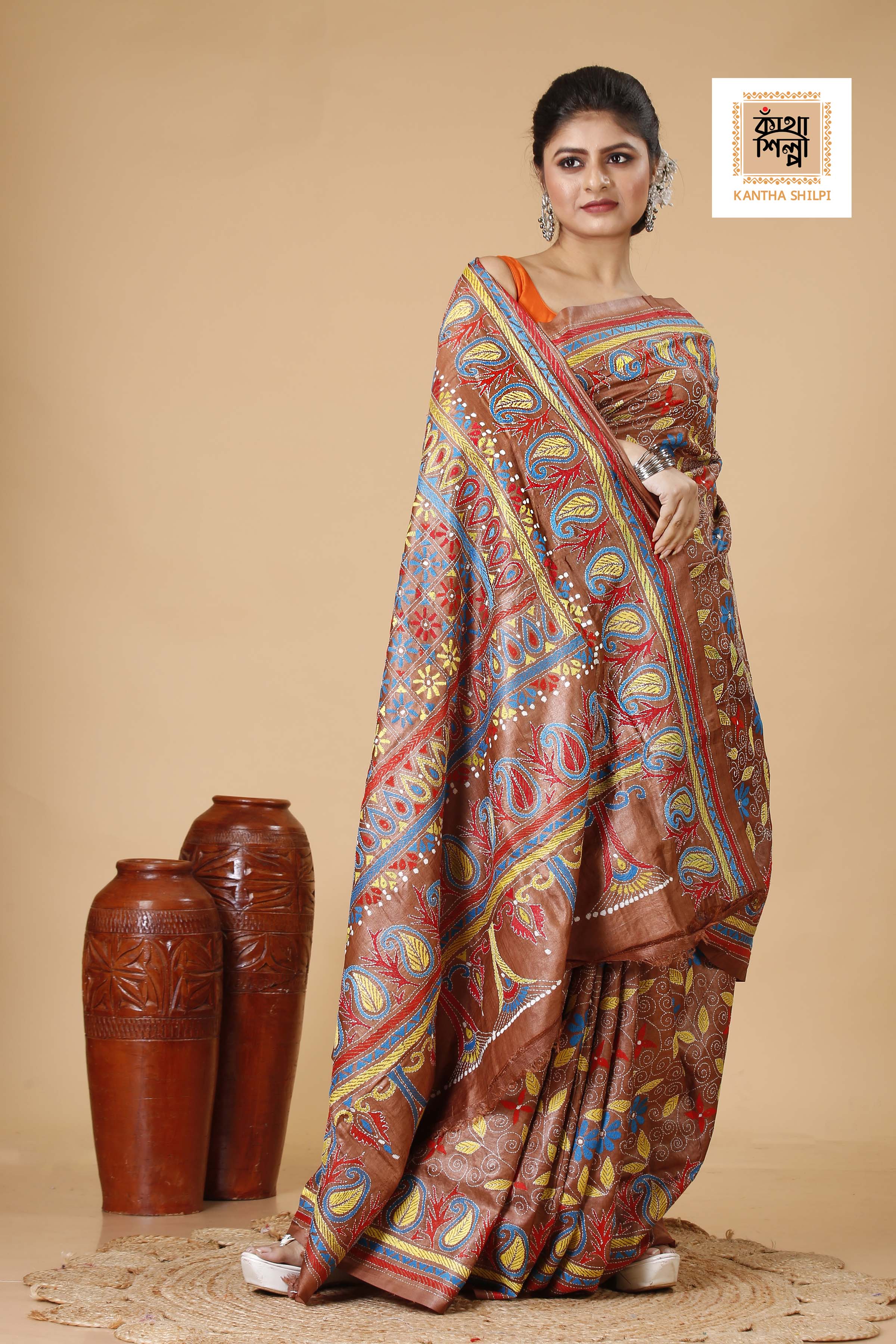 Cinnamon Dye Tussar Multicolor Thread Work Floral Kalka Design Kantha Stitch Saree