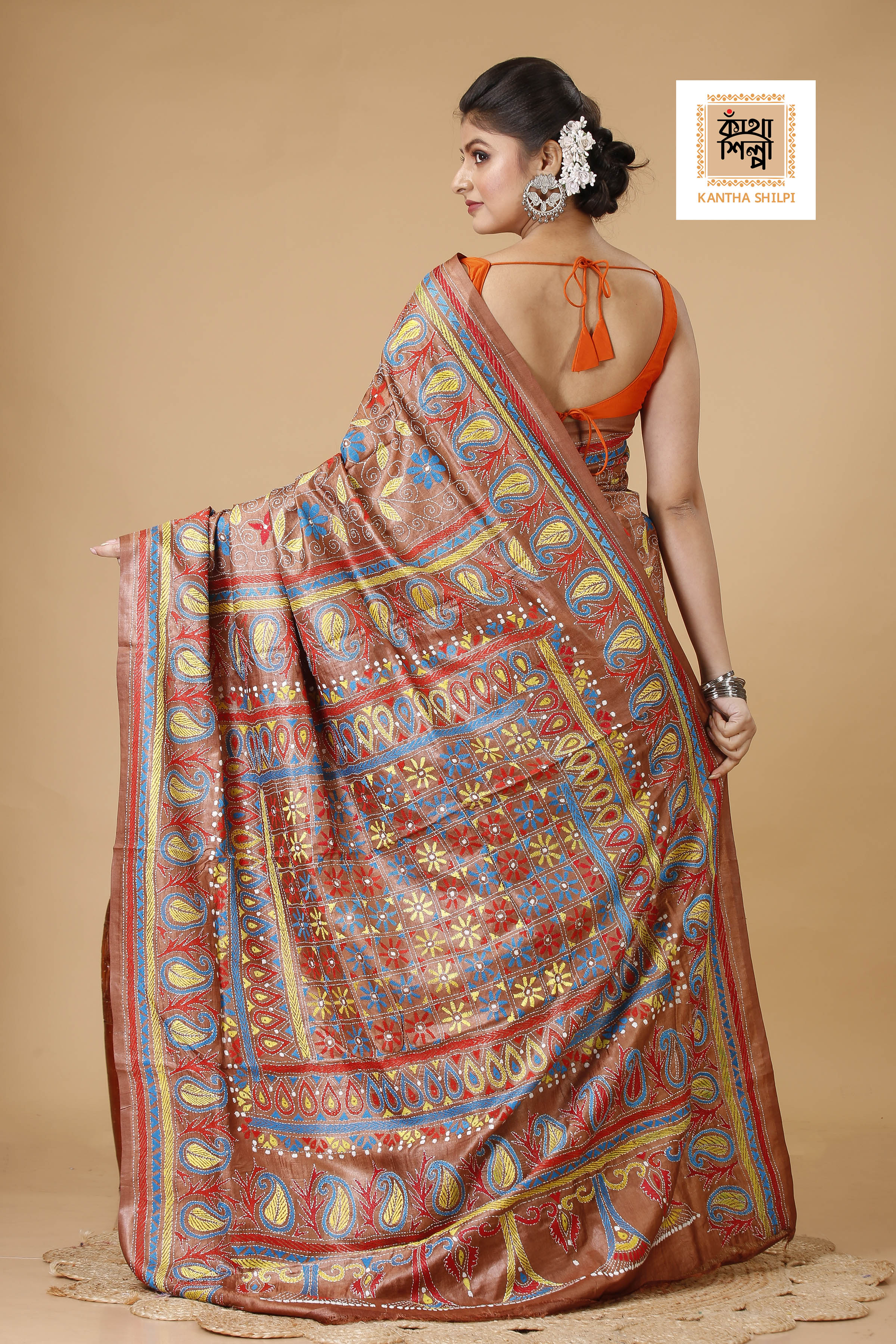 Cinnamon Dye Tussar Multicolor Thread Work Floral Kalka Design Kantha Stitch Saree