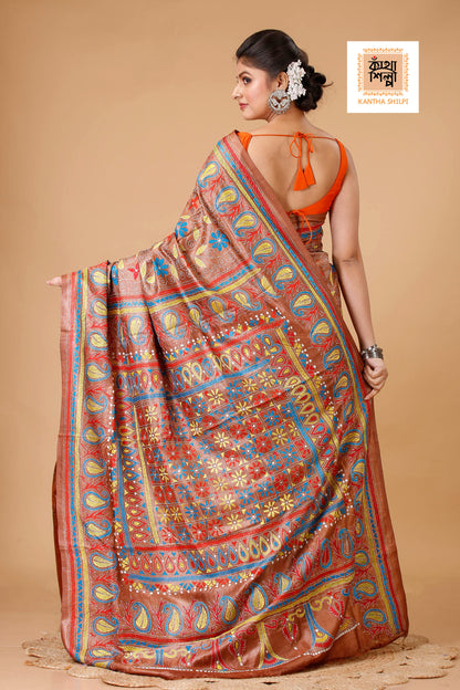 Cinnamon Dye Tussar Multicolor Thread Work Floral Kalka Design Kantha Stitch Saree