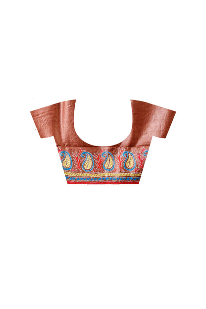 Cinnamon Dye Tussar Multicolor Thread Work Floral Kalka Design Kantha Stitch Saree
