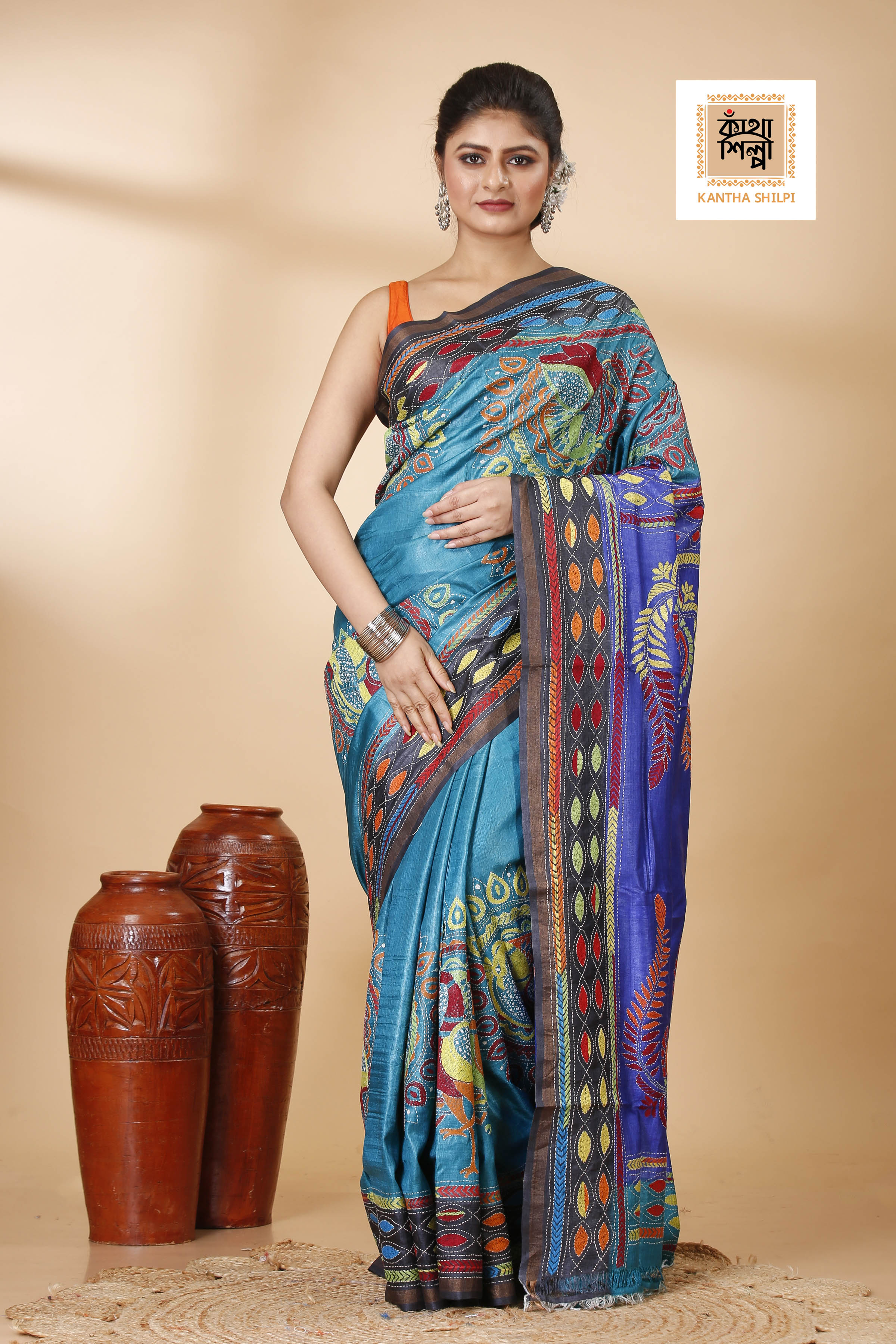 Sky-Blue and Blue Dye Tussar Multicolor Thread Work Madhubani Pattern Peacock Design Kantha Stitch Saree