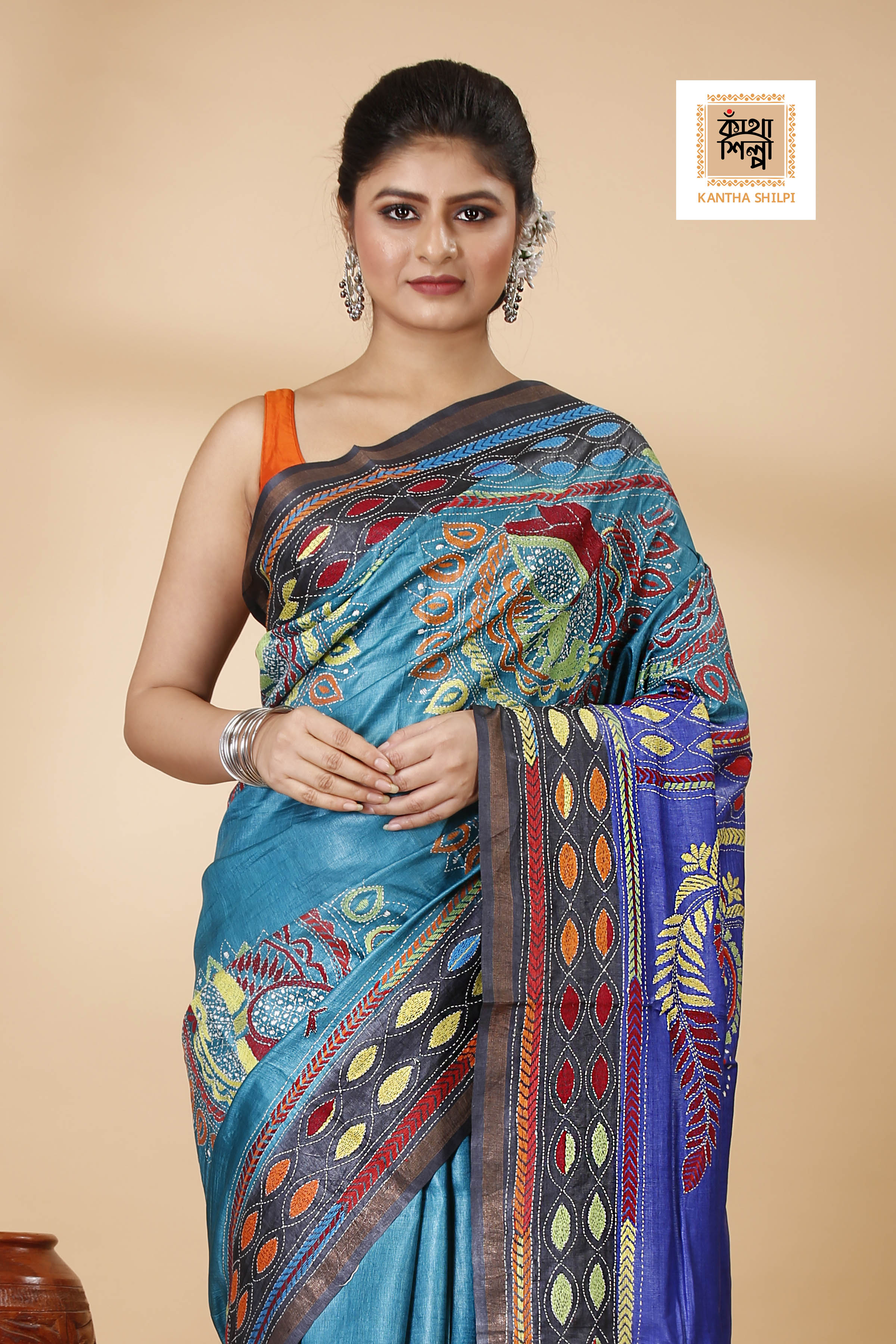 Sky-Blue and Blue Dye Tussar Multicolor Thread Work Madhubani Pattern Peacock Design Kantha Stitch Saree