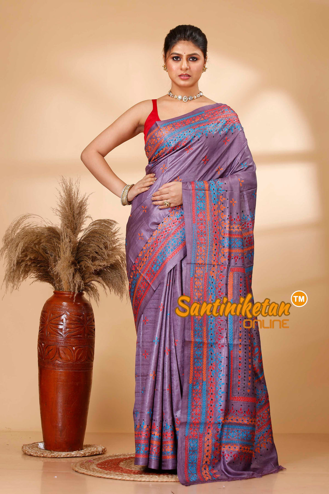 Pure Dye Tussar Silk Kantha Stitch Saree SN202521996
