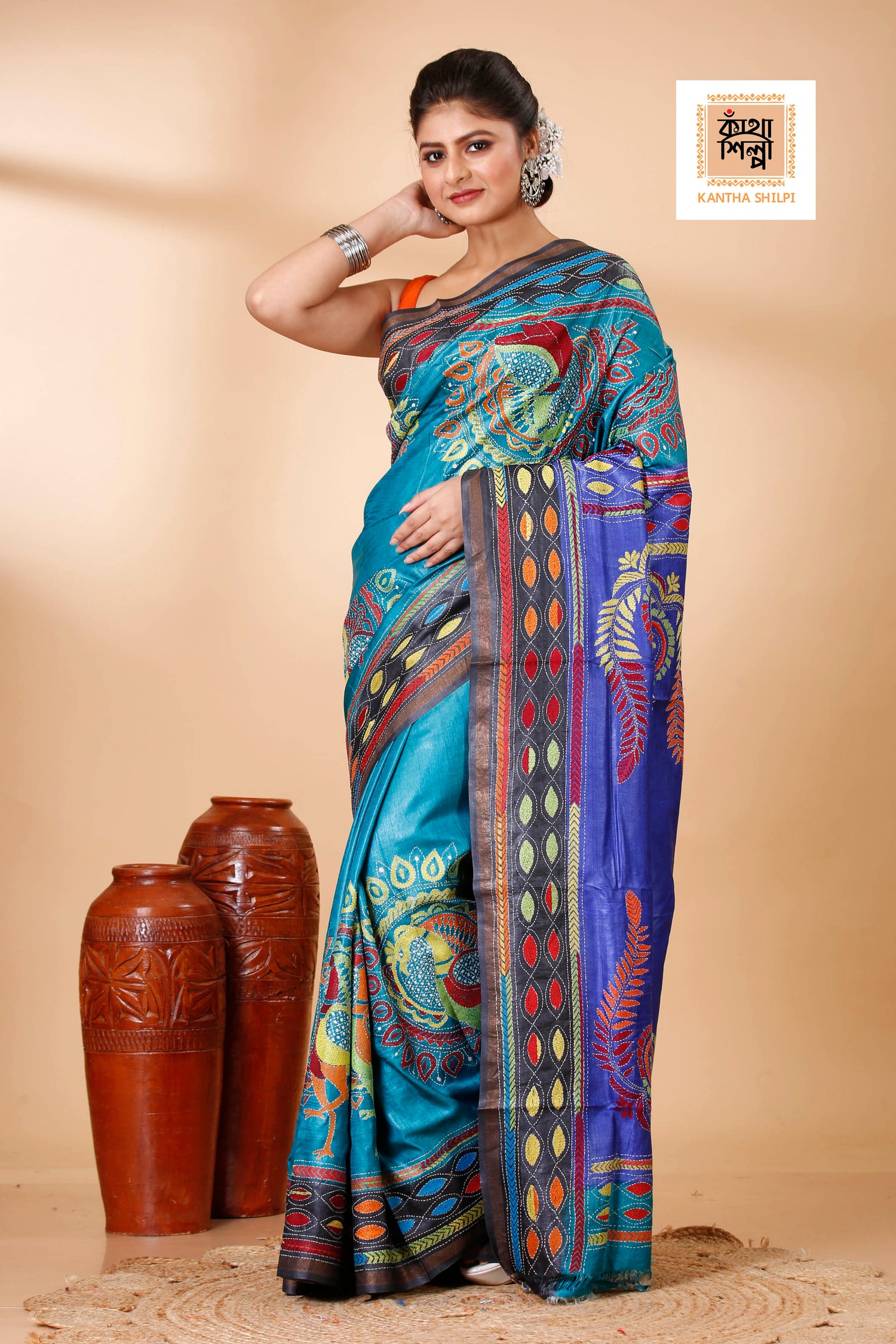 Sky-Blue and Blue Dye Tussar Multicolor Thread Work Madhubani Pattern Peacock Design Kantha Stitch Saree