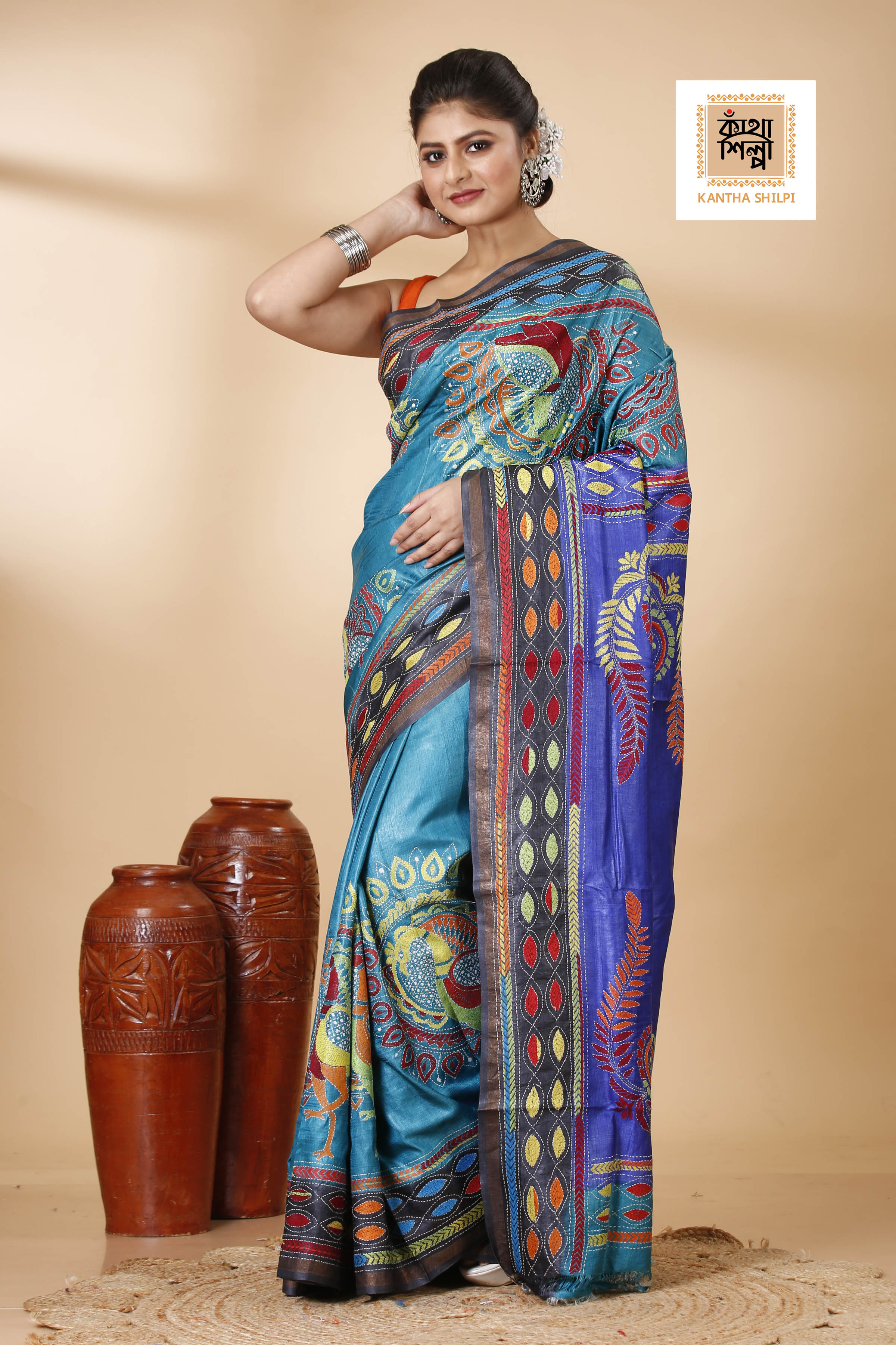 Sky-Blue and Blue Dye Tussar Multicolor Thread Work Madhubani Pattern Peacock Design Kantha Stitch Saree
