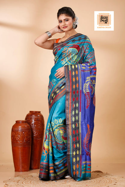 Sky-Blue and Blue Dye Tussar Multicolor Thread Work Madhubani Pattern Peacock Design Kantha Stitch Saree