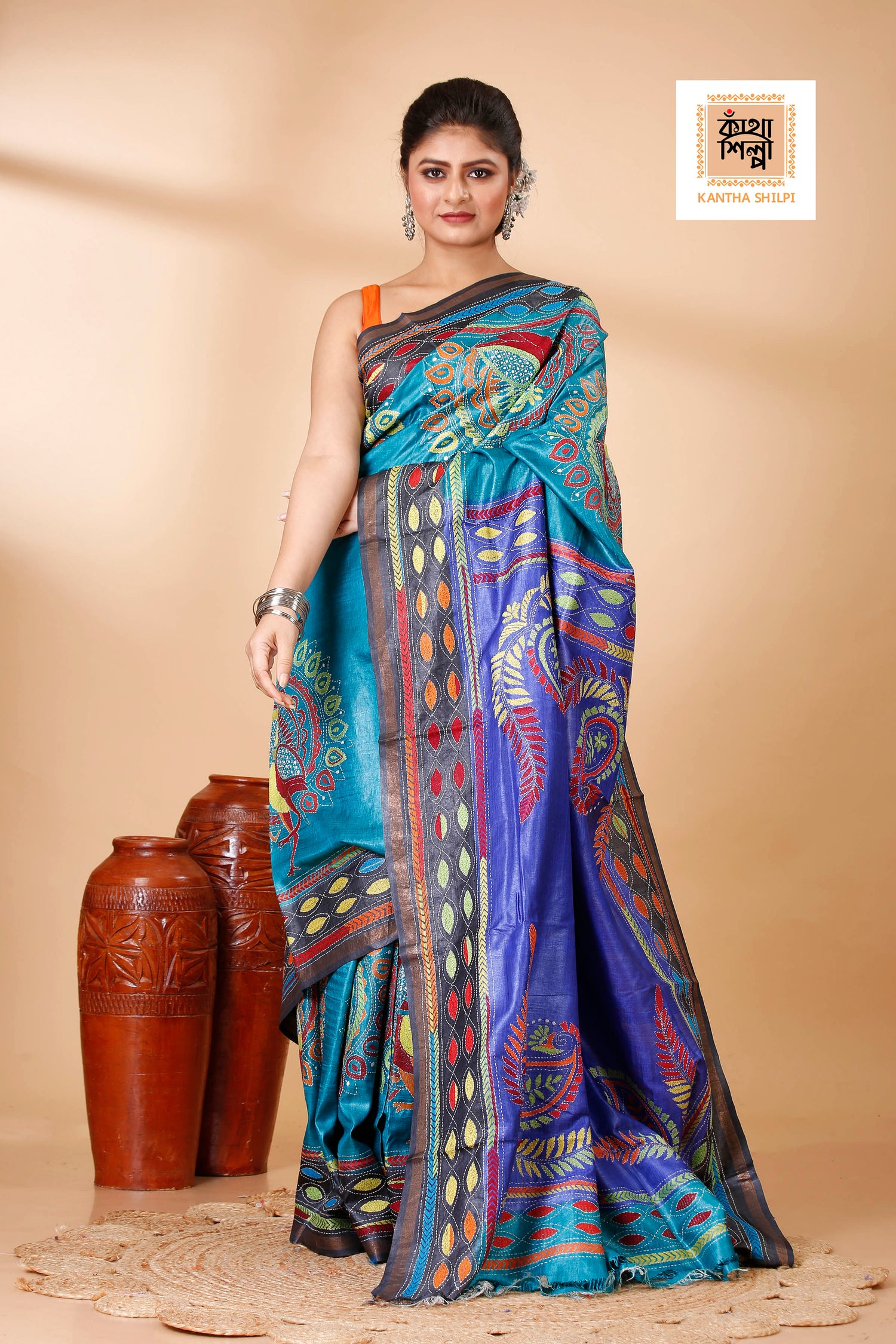 Sky-Blue and Blue Dye Tussar Multicolor Thread Work Madhubani Pattern Peacock Design Kantha Stitch Saree