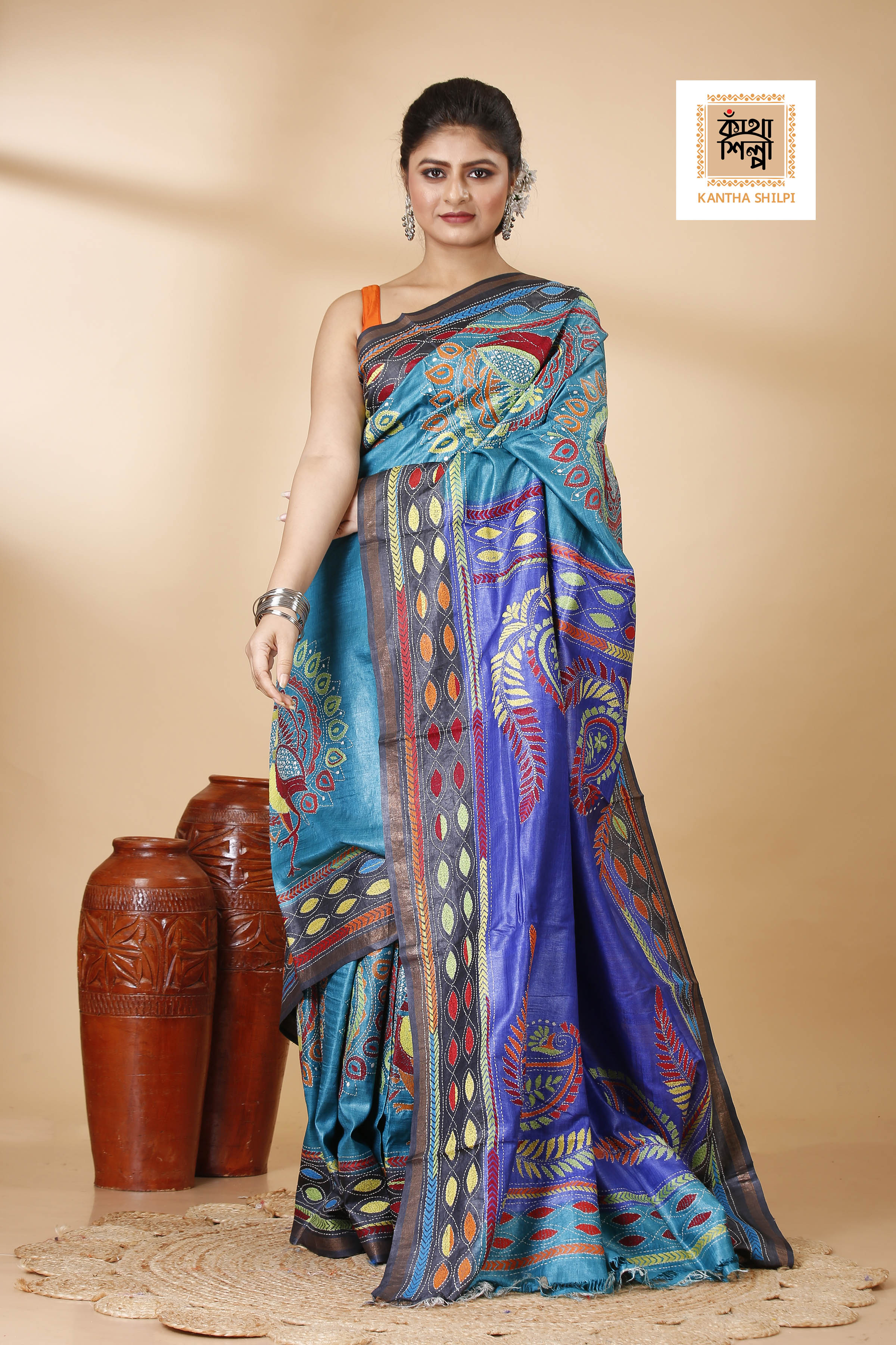 Sky-Blue and Blue Dye Tussar Multicolor Thread Work Madhubani Pattern Peacock Design Kantha Stitch Saree