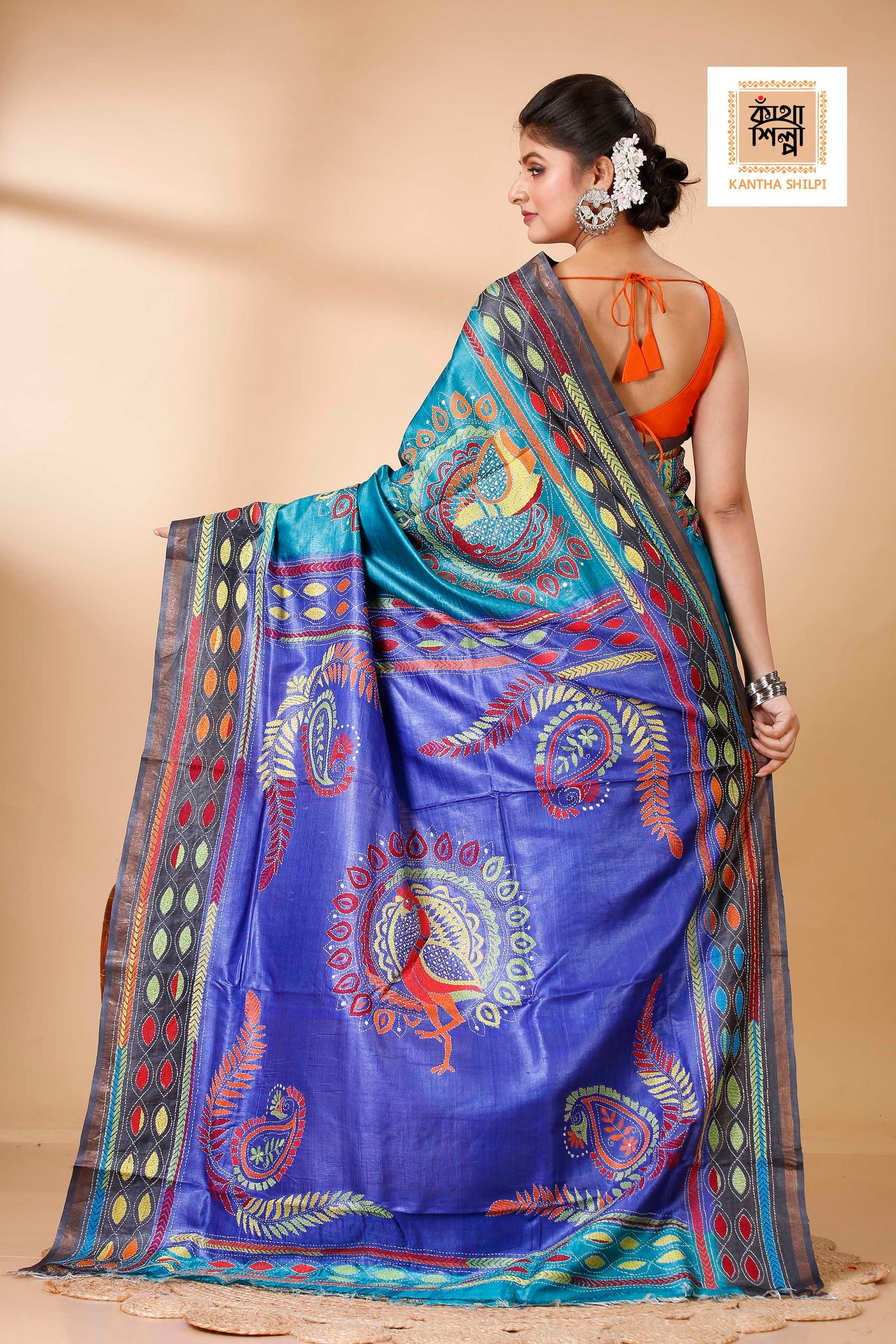 Sky-Blue and Blue Dye Tussar Multicolor Thread Work Madhubani Pattern Peacock Design Kantha Stitch Saree