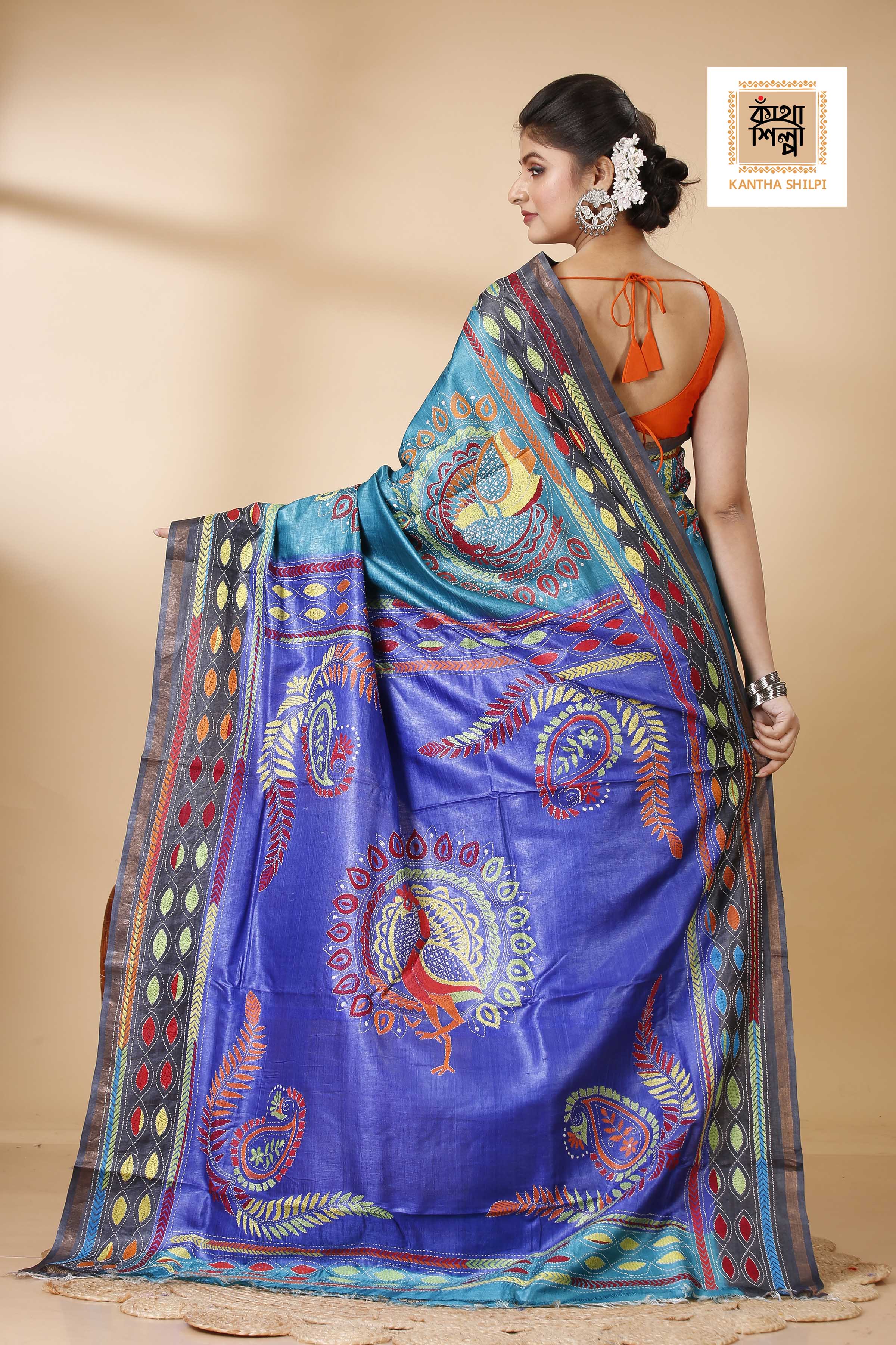 Sky-Blue and Blue Dye Tussar Multicolor Thread Work Madhubani Pattern Peacock Design Kantha Stitch Saree
