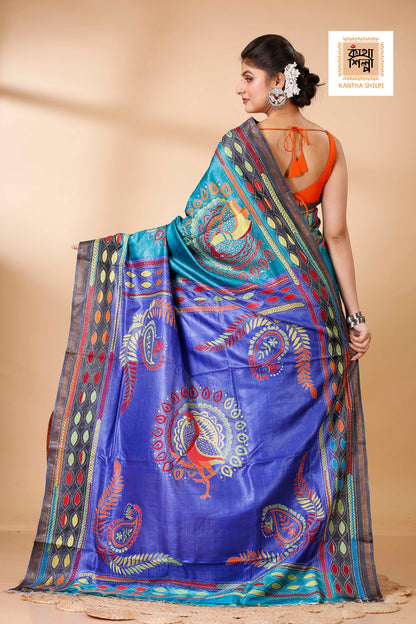 Sky-Blue and Blue Dye Tussar Multicolor Thread Work Madhubani Pattern Peacock Design Kantha Stitch Saree