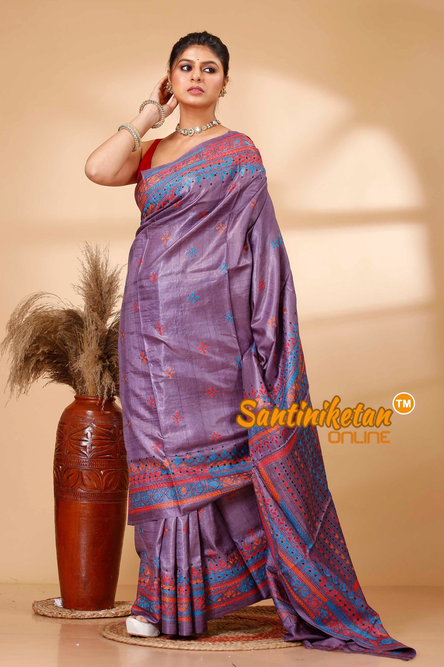 Pure Dye Tussar Silk Kantha Stitch Saree SN202521996