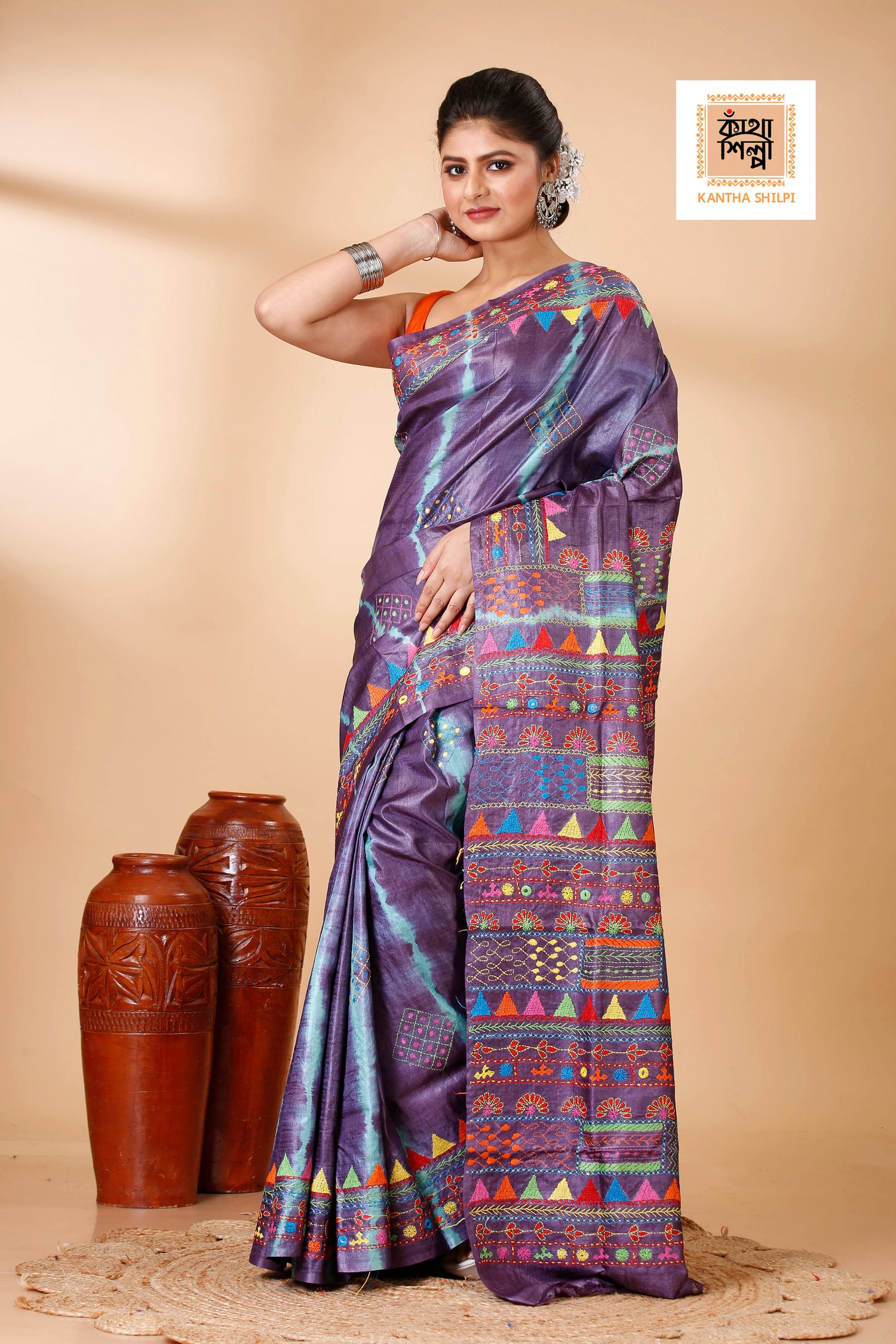 Mauve Color Dye Tussar Multicolor Thread Work Kantha Stitch Saree