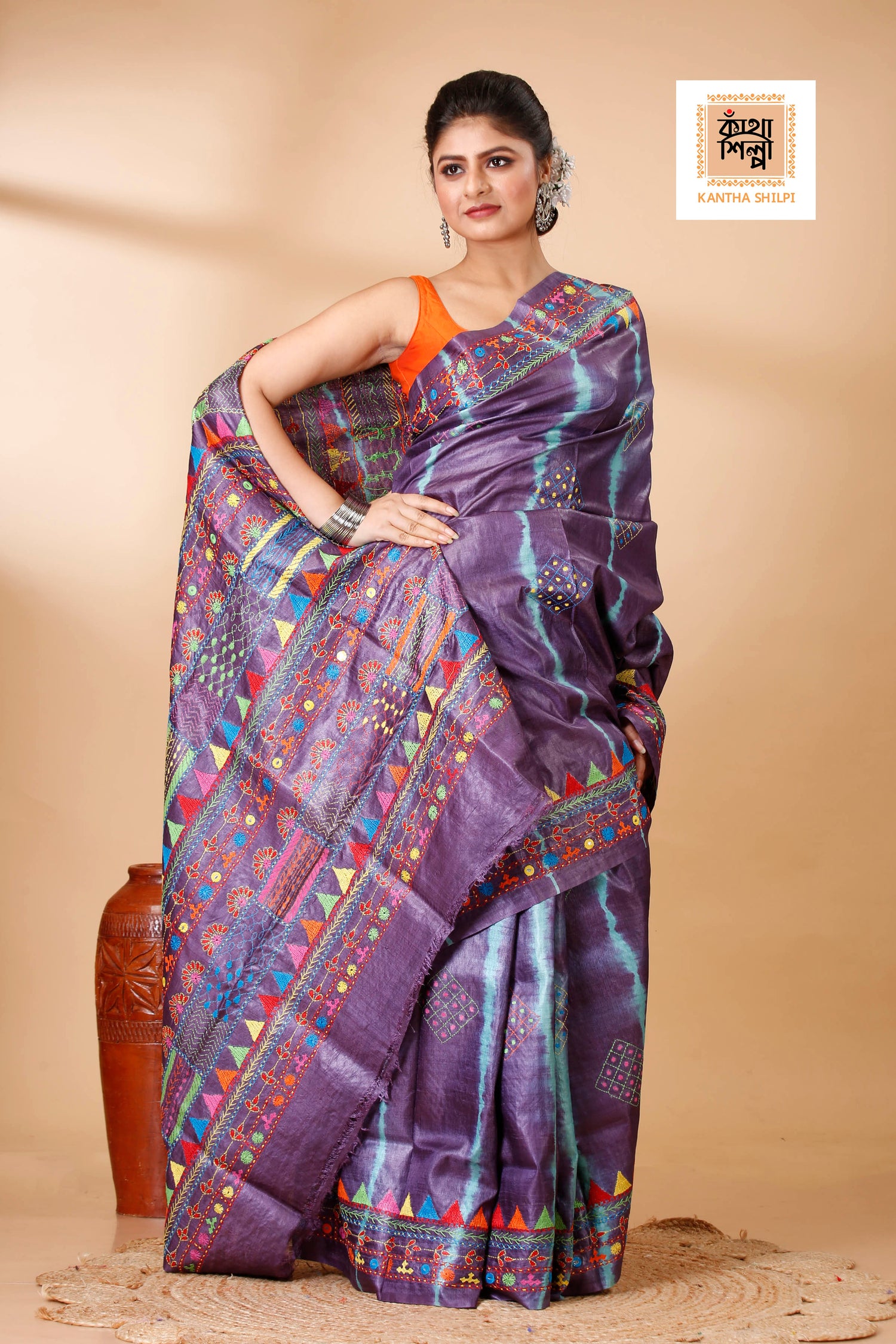 Mauve Color Dye Tussar Multicolor Thread Work Kantha Stitch Saree