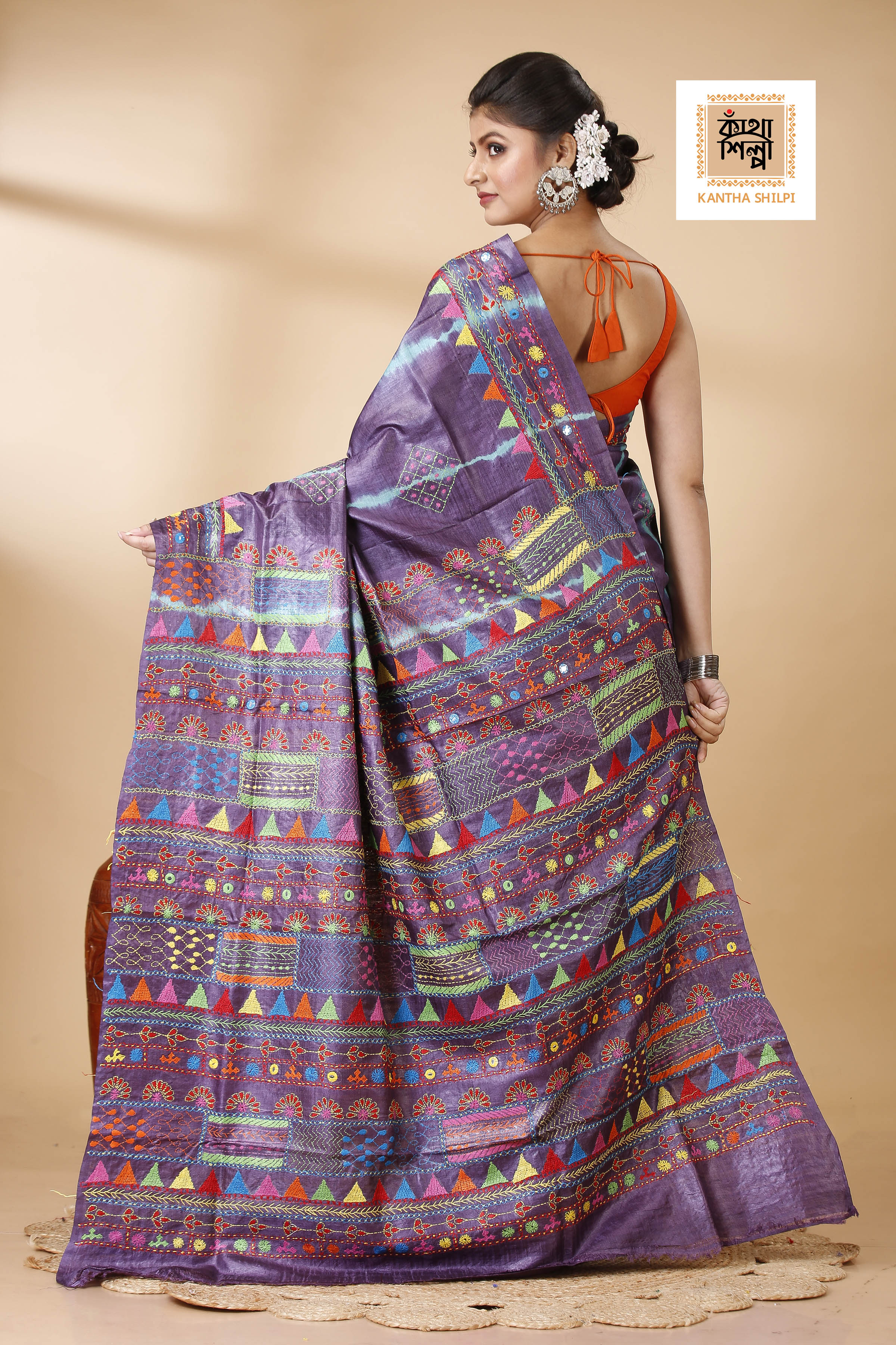 Mauve Color Dye Tussar Multicolor Thread Work Kantha Stitch Saree