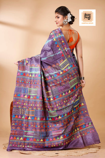 Mauve Color Dye Tussar Multicolor Thread Work Kantha Stitch Saree