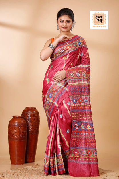 Red Color Dye Tussar Multicolor Thread Work Kantha Stitch Saree