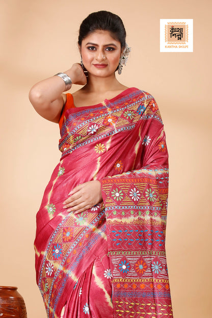 Red Color Dye Tussar Multicolor Thread Work Kantha Stitch Saree