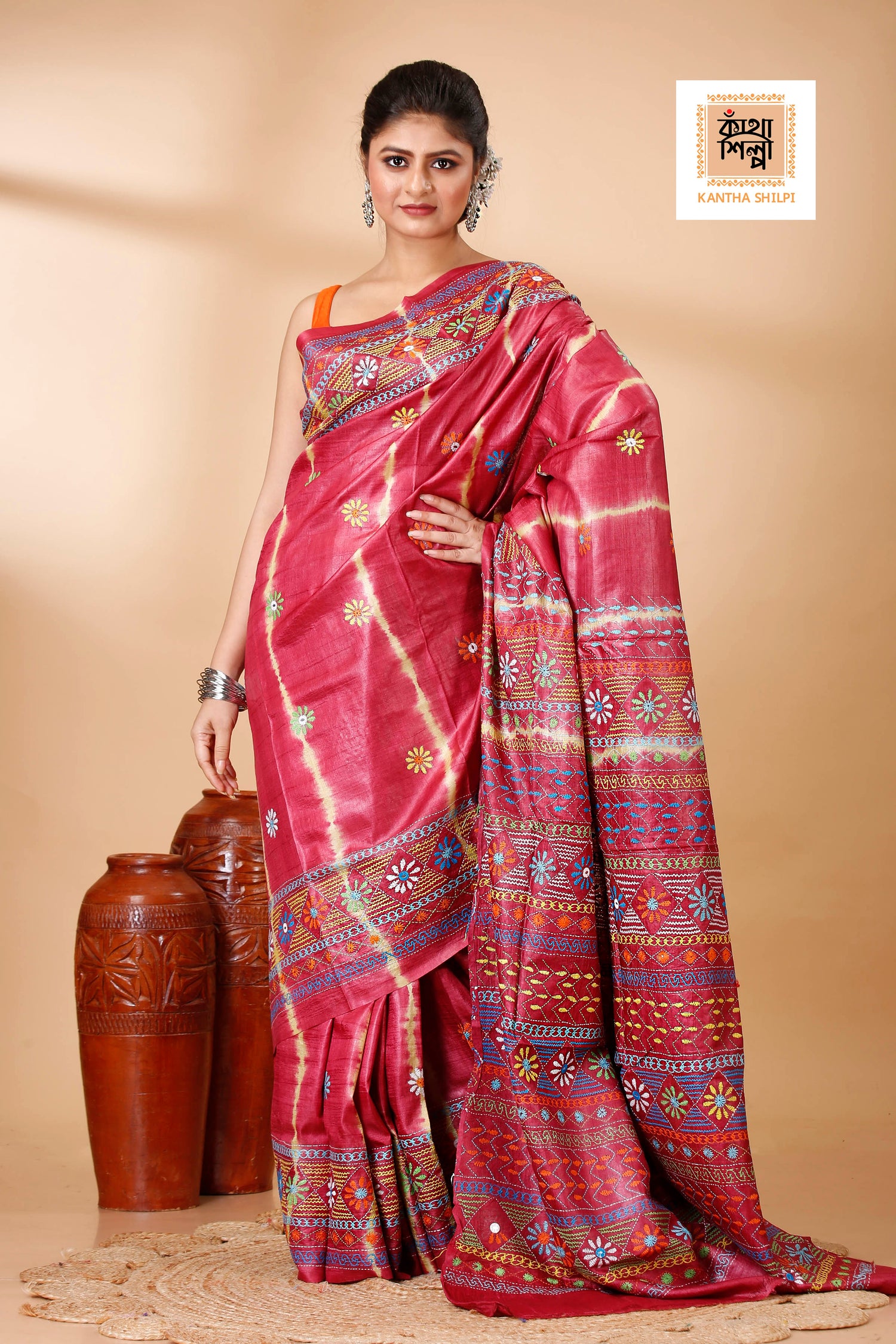 Red Color Dye Tussar Multicolor Thread Work Kantha Stitch Saree