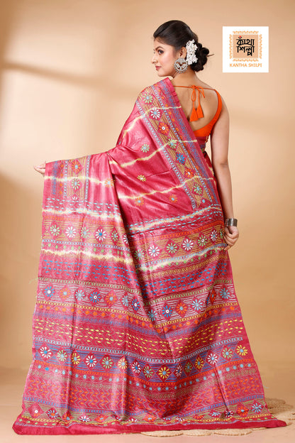 Red Color Dye Tussar Multicolor Thread Work Kantha Stitch Saree