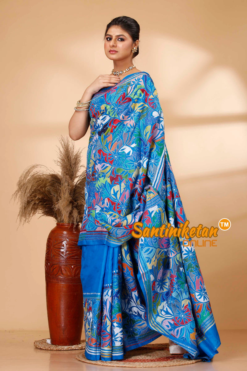 Pure Bangalore Silk Kantha Stitch Saree