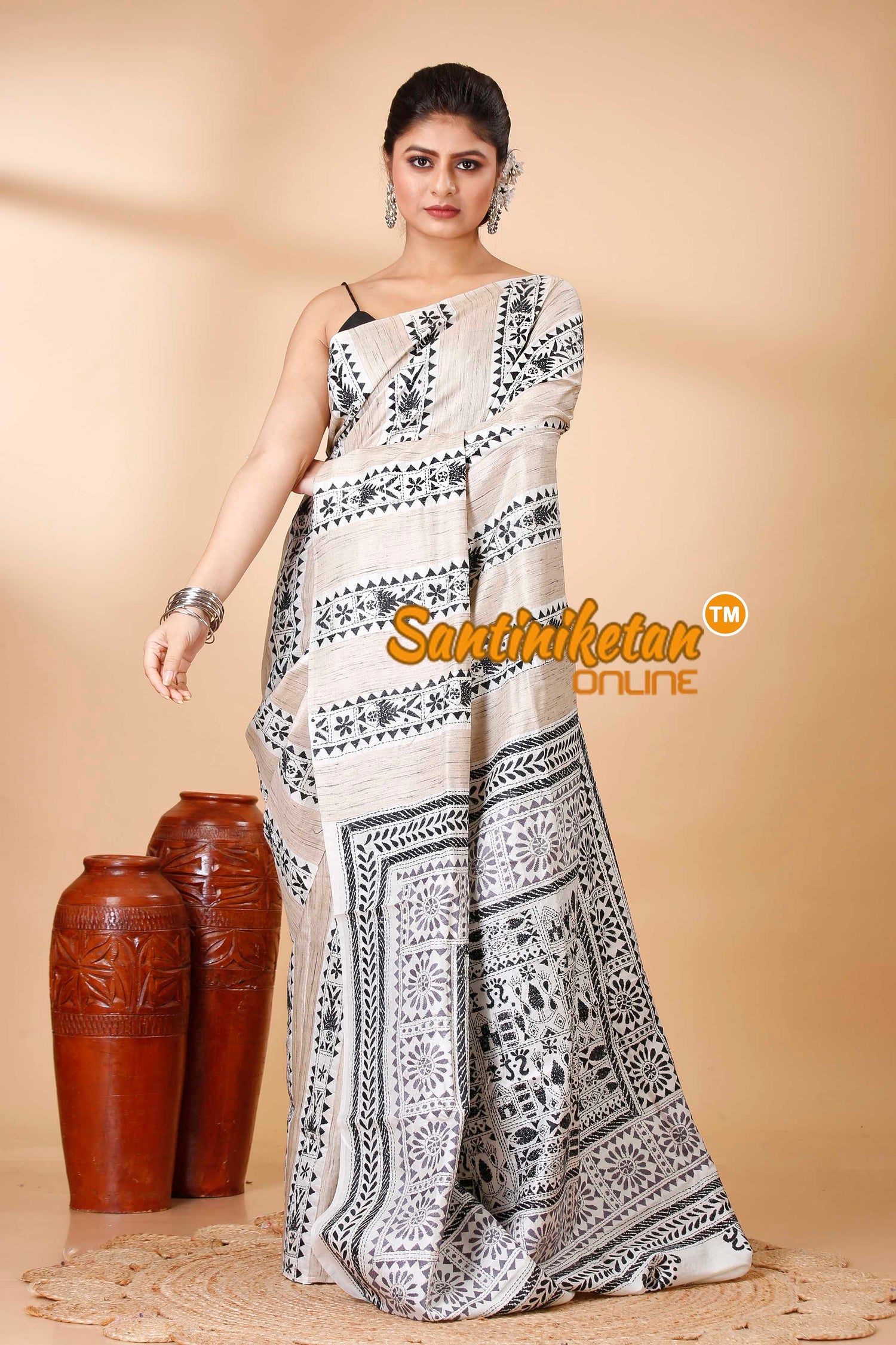Pure Katan and Ketiya Tussar Stripe Kantha Stitch Saree SN202522025