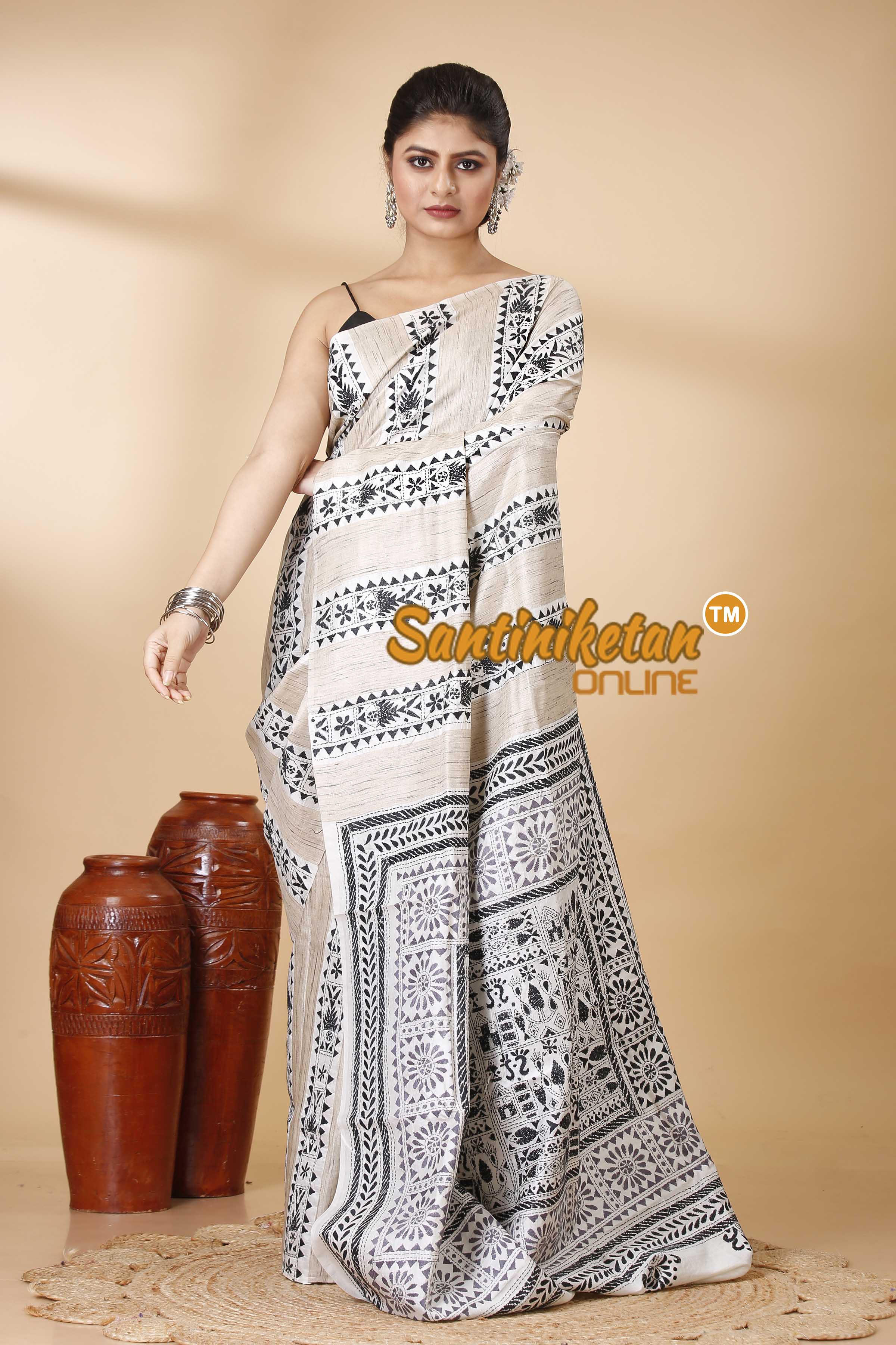 Pure Katan and Ketiya Tussar Stripe Kantha Stitch Saree SN202522025