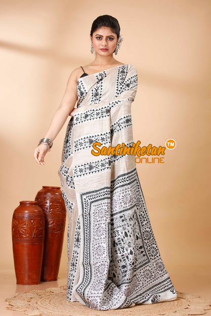 Pure Katan and Ketiya Tussar Stripe Kantha Stitch Saree SN202522025