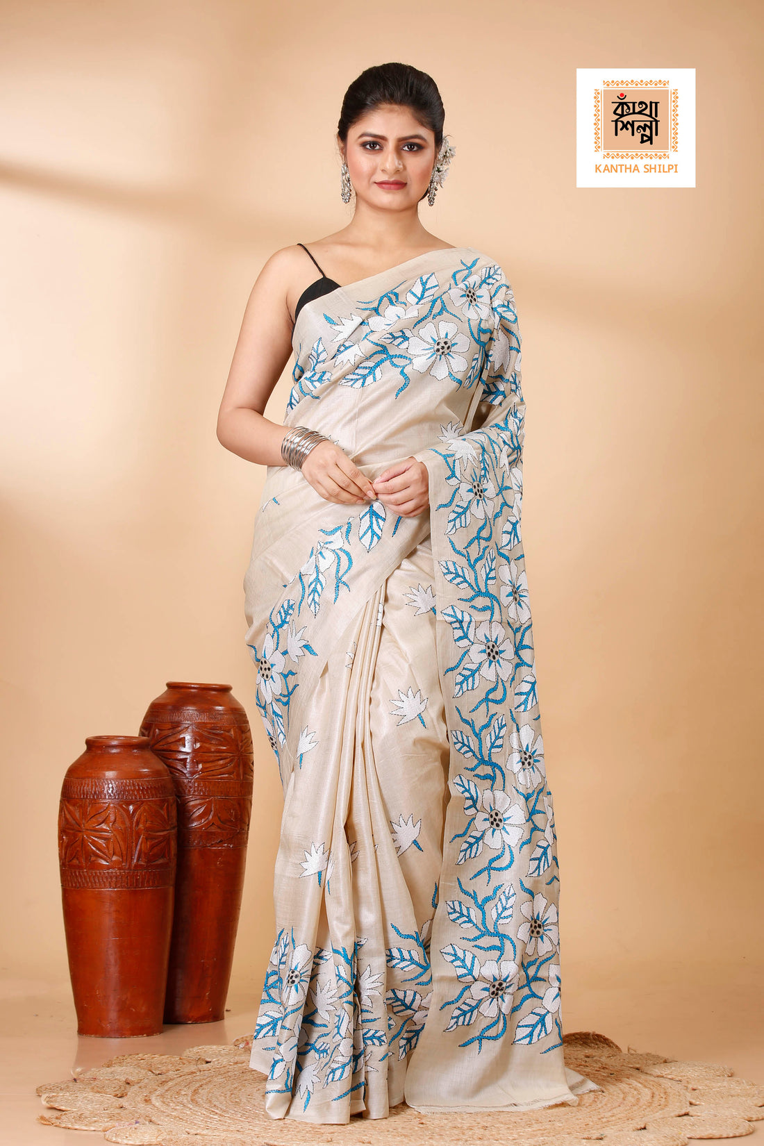 Gachi Tussar Tricolor Thread Work Petals Design Kantha Stitch Saree
