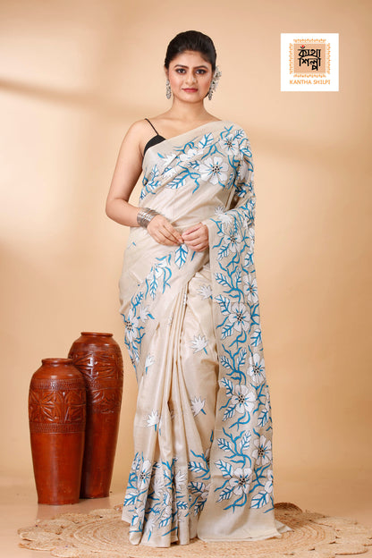 Gachi Tussar Tricolor Thread Work Petals Design Kantha Stitch Saree