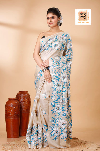 Gachi Tussar Tricolor Thread Work Petals Design Kantha Stitch Saree