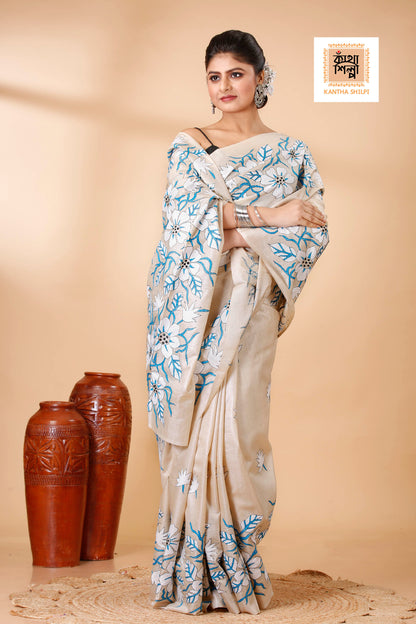 Gachi Tussar Tricolor Thread Work Petals Design Kantha Stitch Saree