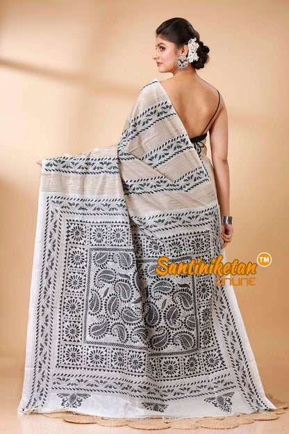 Pure Katan and Ketiya Tussar Stripe Kantha Stitch Saree SN202522037
