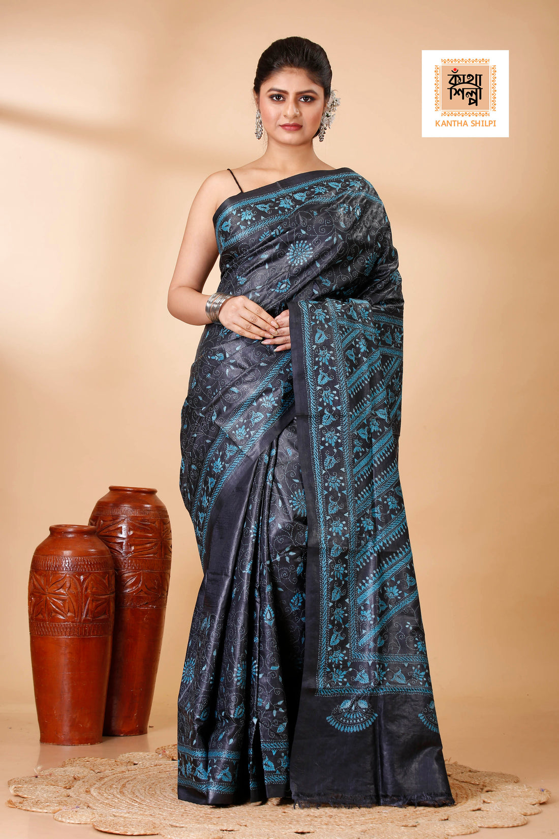Black Color Dye Tussar Sea Green color Thread Work Floral Design Kantha Stitch Saree