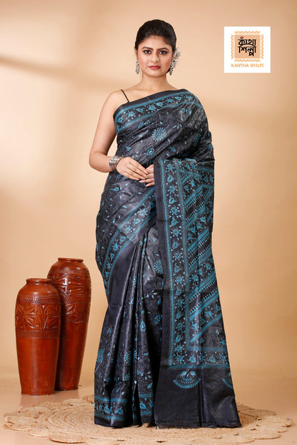 Black Color Dye Tussar Sea Green color Thread Work Floral Design Kantha Stitch Saree