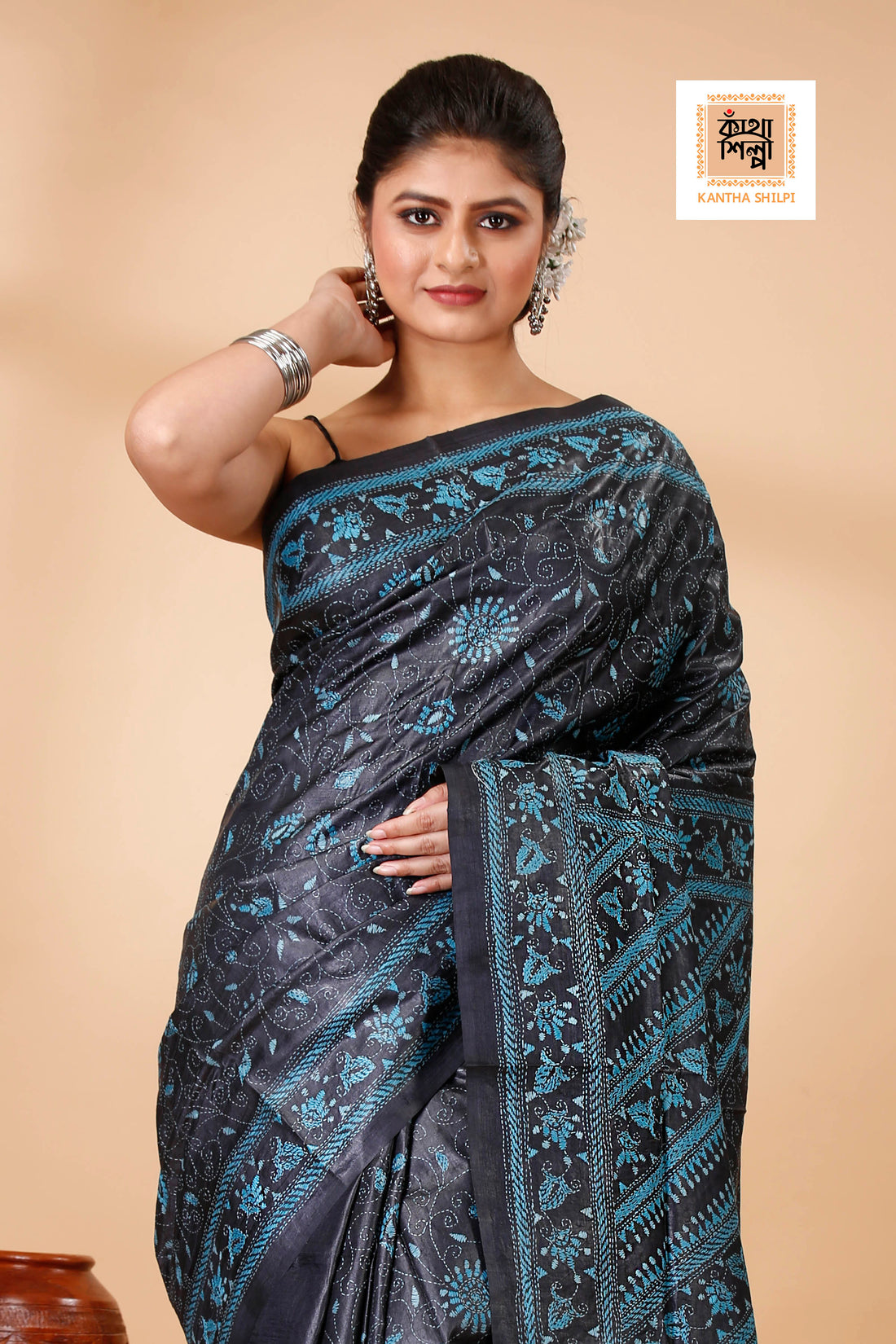 Black Color Dye Tussar Sea Green color Thread Work Floral Design Kantha Stitch Saree