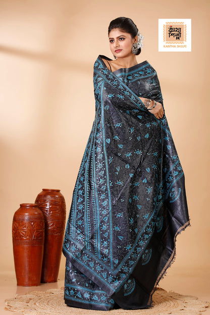 Black Color Dye Tussar Sea Green color Thread Work Floral Design Kantha Stitch Saree