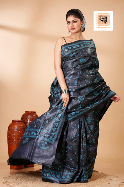 Black Color Dye Tussar Sea Green color Thread Work Floral Design Kantha Stitch Saree