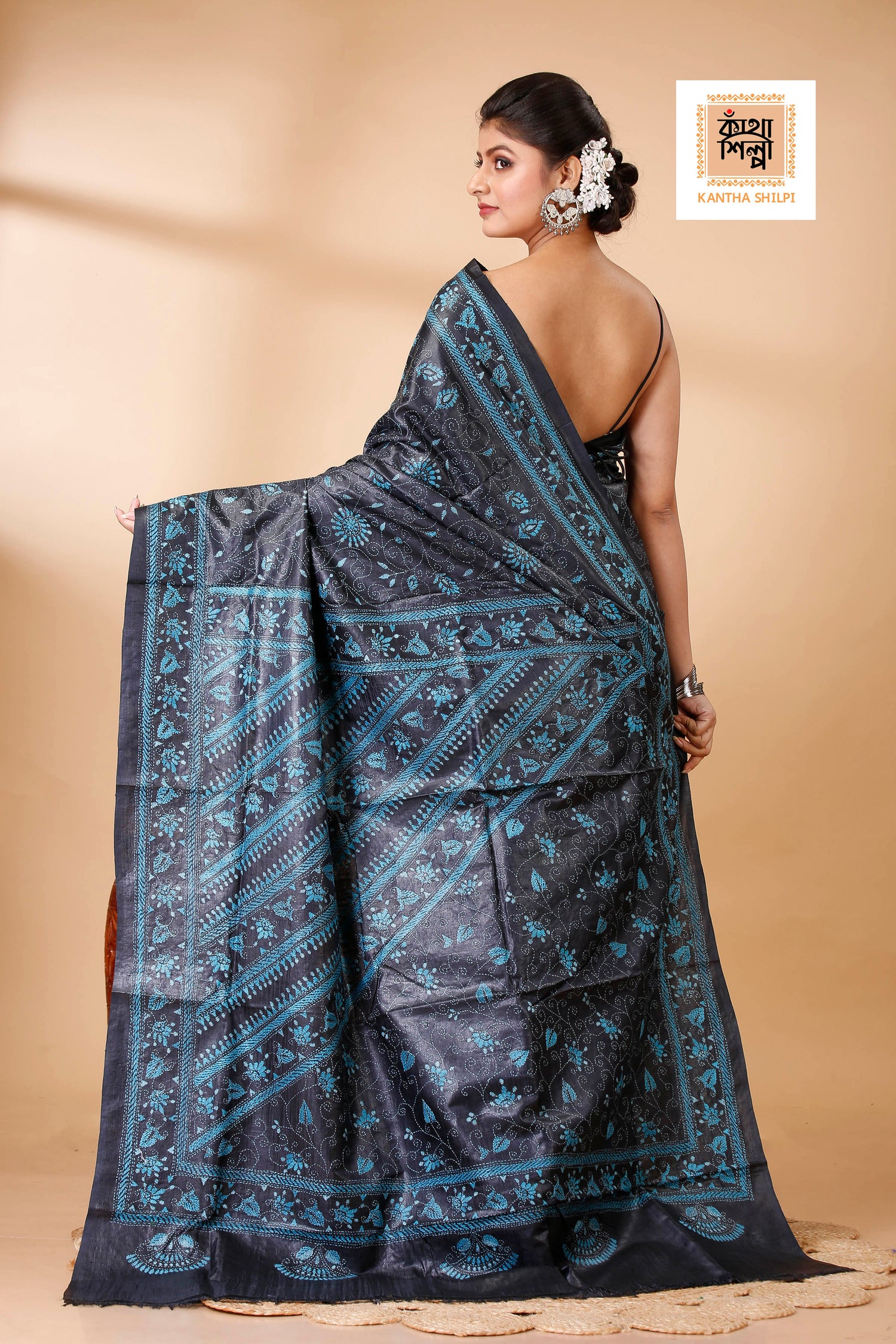 Black Color Dye Tussar Sea Green color Thread Work Floral Design Kantha Stitch Saree