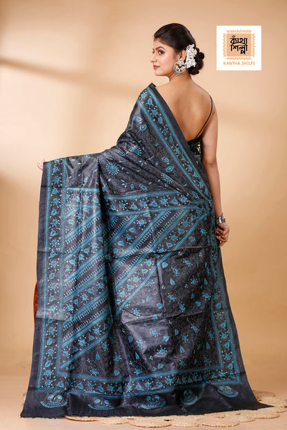 Black Color Dye Tussar Sea Green color Thread Work Floral Design Kantha Stitch Saree