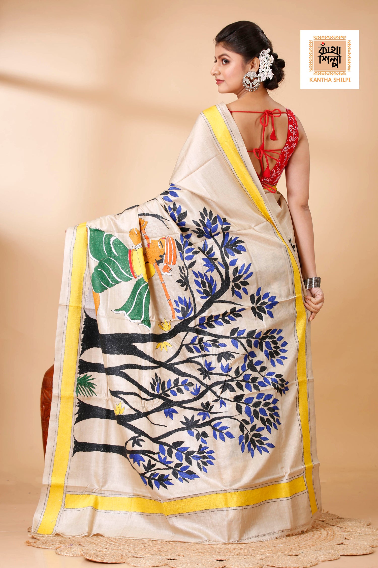 Gachi Tussar Ranar Theme Work (The Postal Runner Poem) Design Kantha Stitch Saree