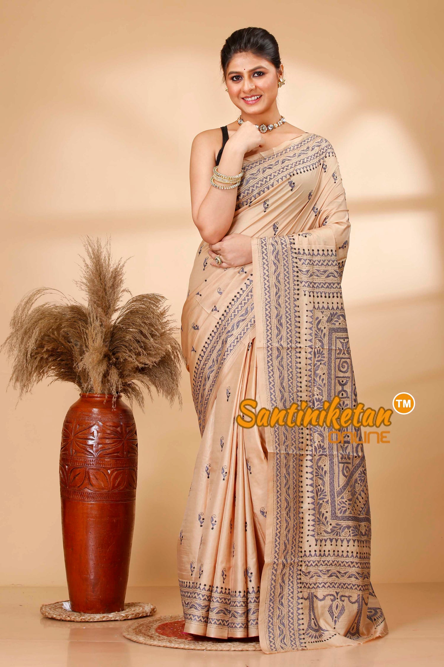 Pure Bangalore Silk Kantha Stitch Saree