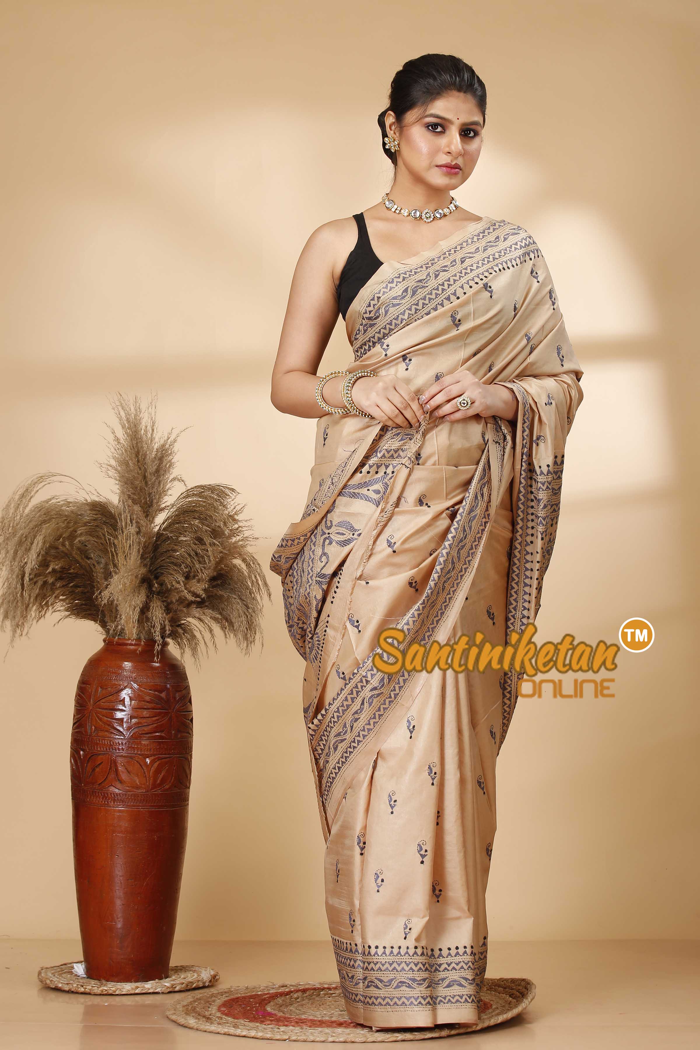 Pure Bangalore Silk Kantha Stitch Saree